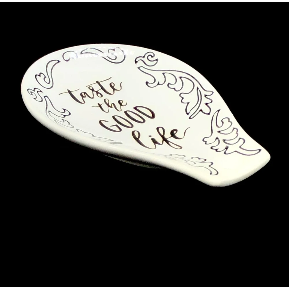 Threshold Taste the Good Life Stoneware Spoon Rest White Black Scroll Ceramic